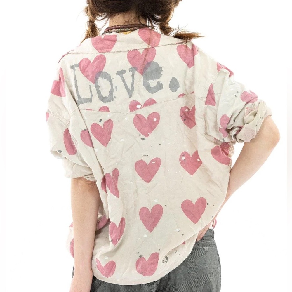 Love Heart Print Women's Button-Up Shirt - Pink Hearts on Cream